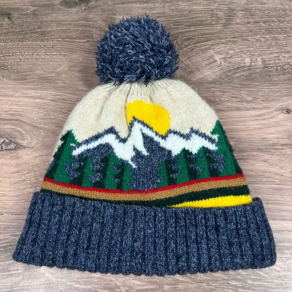 Target Mountain Landscape Knit Pom Beanie Kids One Size Blue Fleece Lined